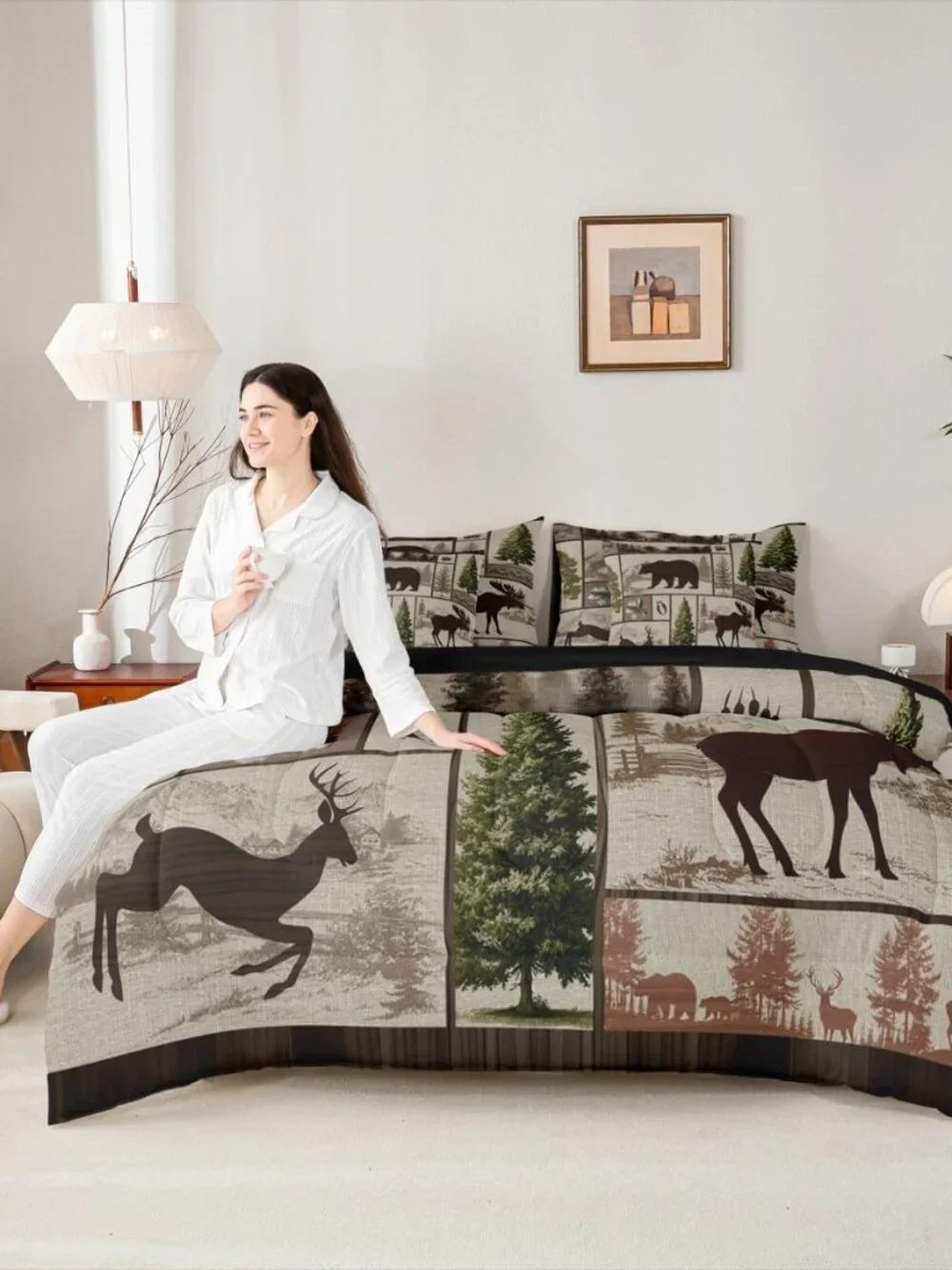 Farmhouse Cabin Bedding Set 7 Pieces,Lodge Bear Deer King Size Comforter Set wit